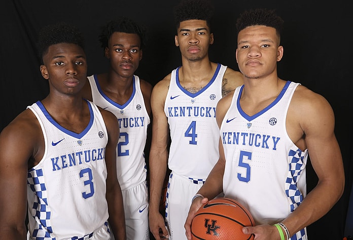 SEC basketball Kentucky Wildcats guard forward Hamidou Diallo (3) , forward Jarred Vanderbilt (2) , forward Nick Richards (4) and forward Kevin Knox (5)
