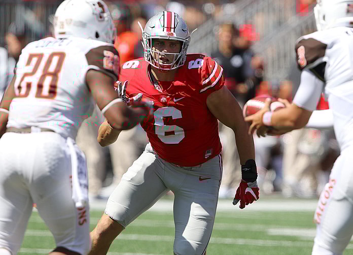 Sep 3, 2016; Columbus, OH, USA; Ohio State Buckeyes defensive end Sam Hubbard (6) rushes the quarterback during the first half against the Bowling Green Falcons at Ohio Stadium. Ohio State won the game 77-10. Mandatory Credit: Joe Maiorana-USA TODAY Sports