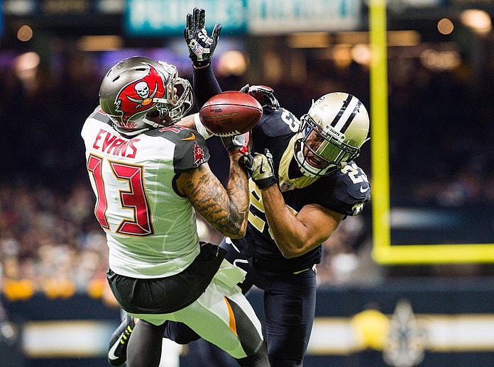 Tampa Bay Buccaneers receiver Mike Evans and New Orleans Saints cornerback Marshon Lattimore
