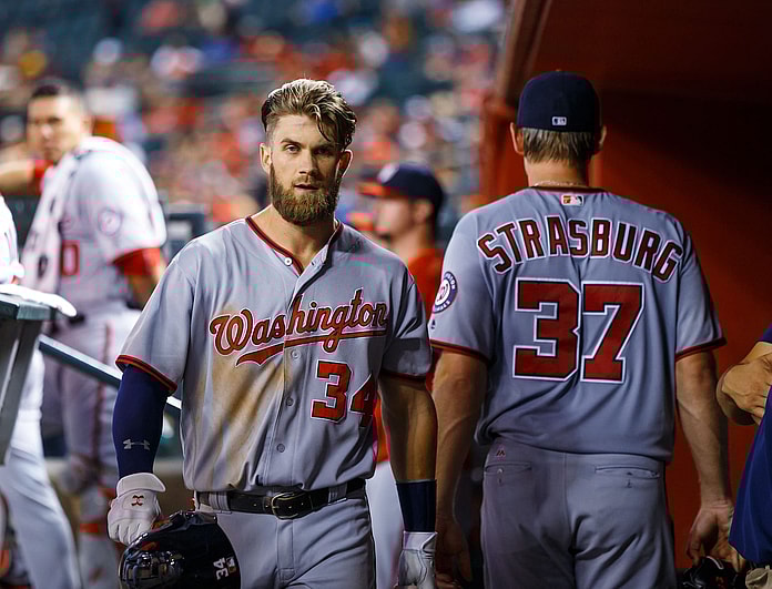 MLB, Aug 1, 2016; Phoenix, AZ, USA; Washington Nationals outfielder Bryce Harper (left) and pitcher Stephen Strasburg against the Arizona Diamondbacks at Chase Field. Mandatory Credit: Mark J. Rebilas-USA TODAY Sports