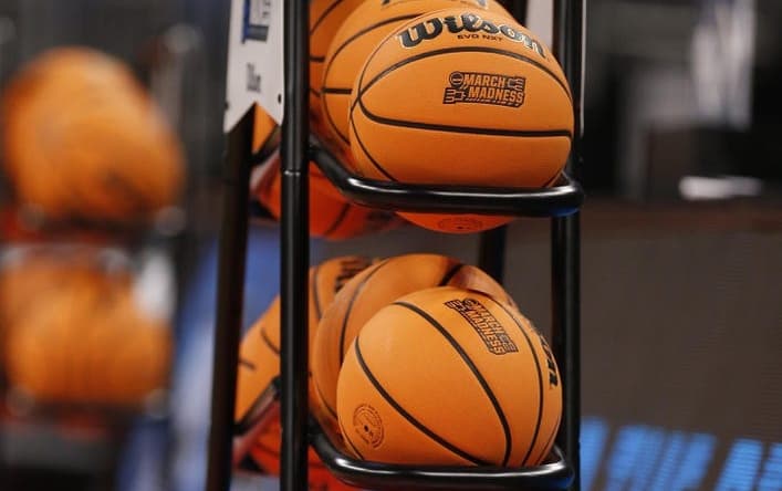 Mar 18, 2023; Orlando, FL, USA;  General view of basketballs on a rack before the second round of the 2023 NCAA Tournament between the f and s at Amway Center. Mandatory Credit: Russell Lansford-USA TODAY Sports