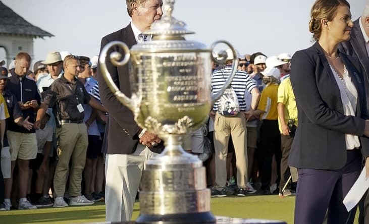 May 23, 2021; Kiawah Island, South Carolina, USA; A view of the Wanamaker Trophy during the final round of the PGA Championship golf tournament. Mandatory Credit: David Yeazell-USA TODAY Sports