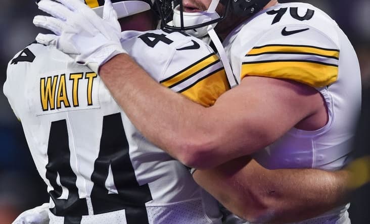 Dec 9, 2021; Minneapolis, Minnesota, USA; Pittsburgh Steelers outside linebacker T.J. Watt (right) and his brother fullback Derek Watt (44) embrace before the game against the Minnesota Vikings at U.S. Bank Stadium. Mandatory Credit: Jeffrey Becker-USA TODAY Sports