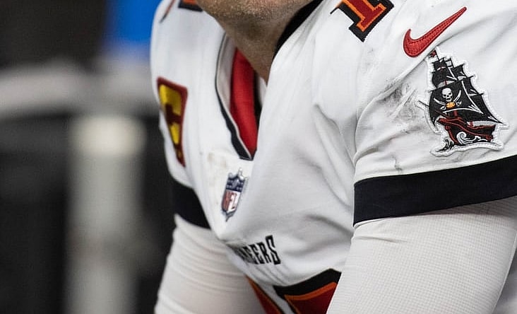 Nov 28, 2021; Indianapolis, Indiana, USA; Tampa Bay Buccaneers quarterback Tom Brady (12) on the sideline in the first half against the Indianapolis Colts at Lucas Oil Stadium. Mandatory Credit: Trevor Ruszkowski-USA TODAY Sports