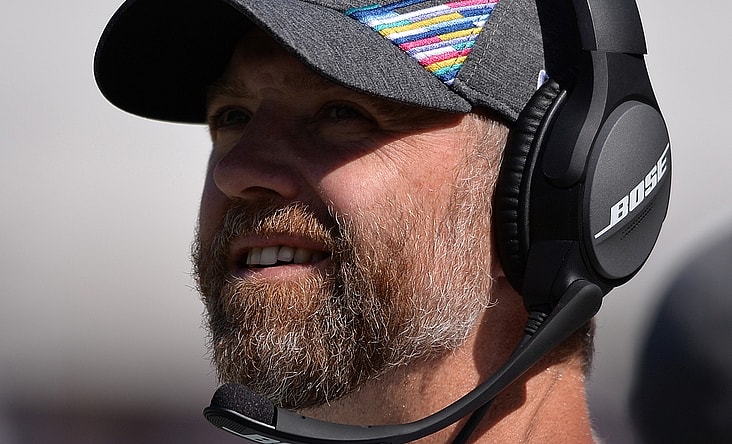 Oct 13, 2019; Los Angeles, CA, USA; Los Angeles Rams tight ends coach Wes Phillips looks on during the first half against the San Francisco 49ers at Los Angeles Memorial Coliseum. Mandatory Credit: Orlando Ramirez-USA TODAY Sports