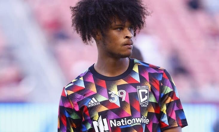 Jun 25, 2022; Sandy, Utah, USA; Columbus Crew forward Jacen Russell-Rowe (39) warms up prior to their game against the Real Salt Lake at Rio Tinto Stadium. Mandatory Credit: Jeffrey Swinger-USA TODAY Sports