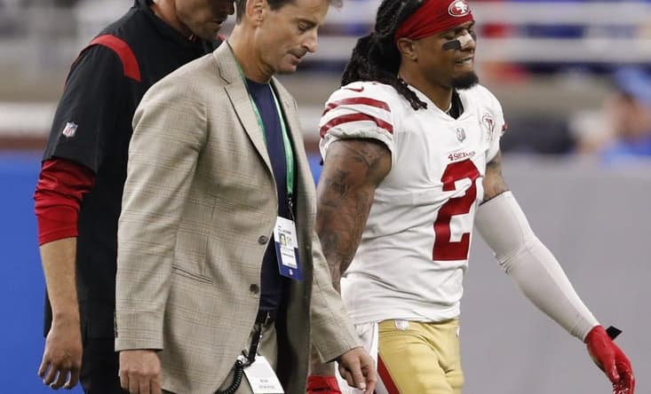 Sep 12, 2021; Detroit, Michigan, USA; San Francisco 49ers defensive back Jason Verrett (2) walks off the field with an injury during the fourth quarter against the Detroit Lions at Ford Field. Mandatory Credit: Raj Mehta-USA TODAY Sports