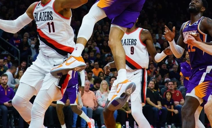 Nov 5, 2022; Phoenix, Arizona, USA; Phoenix Suns guard Devin Booker (1) drives to the basket against the Portland Trail Blazers during the first half at Footprint Center. Mandatory Credit: Allan Henry-USA TODAY Sports