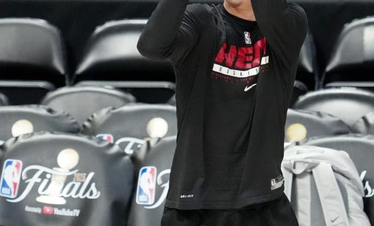 May 31, 2023; Denver, CO, USA; Miami Heat guard Tyler Herro (14) shoots the ball during a practice session on media day before the 2023 NBA Finals at Ball Arena. Mandatory Credit: Kyle Terada-USA TODAY Sports