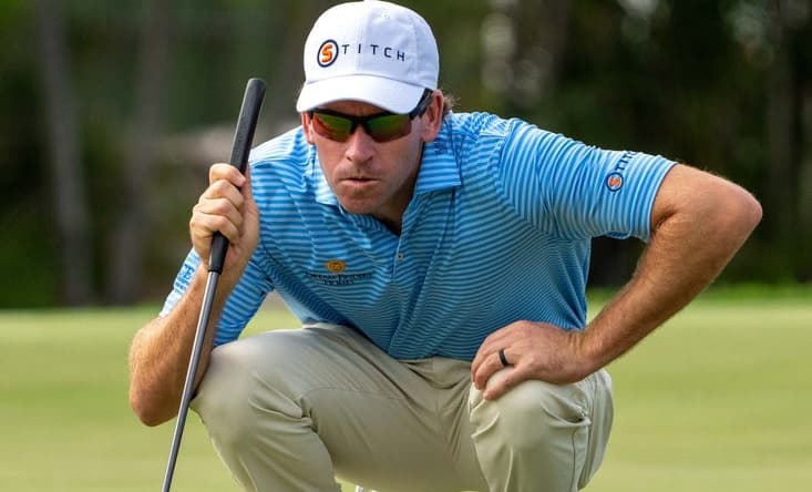 January 13, 2024; Honolulu, Hawaii, USA; Ben Kohles lines up his putt on the first hole during the third round of the Sony Open in Hawaii golf tournament at Waialae Country Club. Mandatory Credit: Kyle Terada-USA TODAY Sports