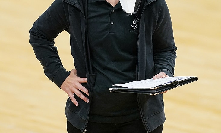 Apr 16, 2021; San Antonio, Texas, USA;  San Antonio Spurs assistant coach Becky Hammon looks on in the second half against the Portland Trail Blazers at the AT&T Center. Mandatory Credit: Daniel Dunn-USA TODAY Sports