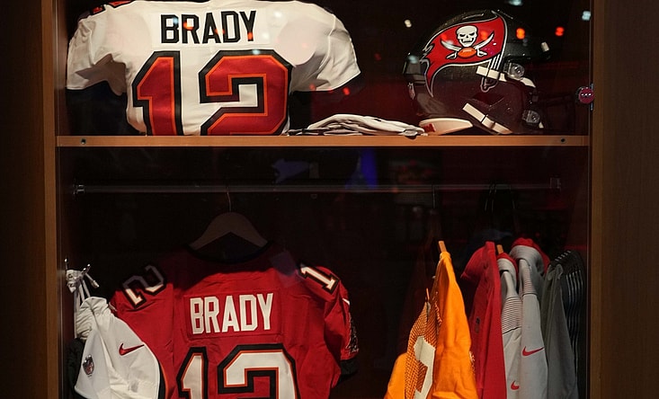 Feb 7, 2022; Los Angeles, CA, USA; A locker room exhibit of Tampa Bay Buccaneers quarterback Tom Brady (12) at the Super Bowl LVI Experience at the Los Angeles Convention Center. Mandatory Credit: Kirby Lee-USA TODAY Sports