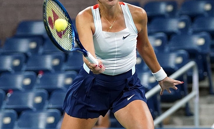 Sep 3, 2022; Flushing, NY, USA; Belinda Bencic of Switzerland hits to Karolina Pliskova of Czech Republic on day six of the 2022 U.S. Open tennis tournament at USTA Billie Jean King Tennis Center. Mandatory Credit: Danielle Parhizkaran-USA TODAY Sports