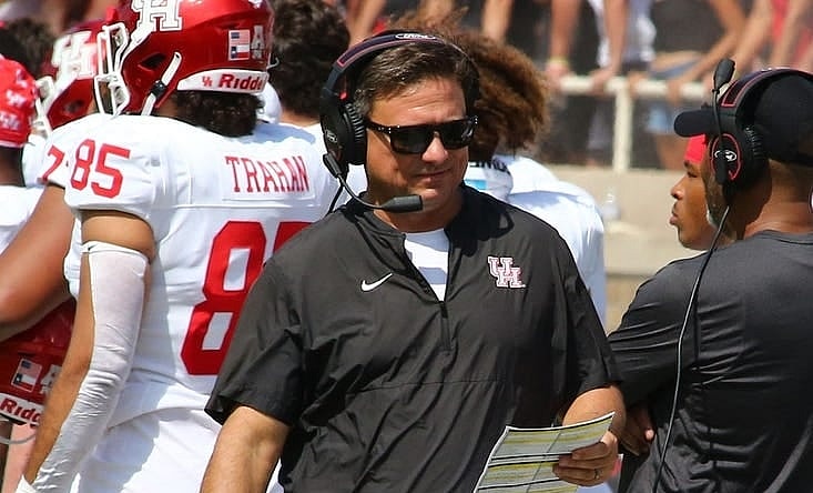 Sep 10, 2022; Lubbock, Texas, USA;  Houston Cougars quarterback coach Shannon Dawson on the sidelines in the first half during the game against the Texas Tech Red Raiders at Jones AT&T Stadium and Cody Campbell Field. Mandatory Credit: Michael C. Johnson-USA TODAY Sports
