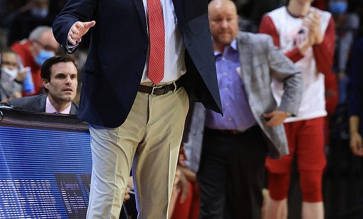 Nov 16, 2021; Piscataway, New Jersey, USA; NJIT Highlanders head coach Brian Kennedy coaches against the Rutgers Scarlet Knights during the first half at Jersey Mike's Arena. Mandatory Credit: Vincent Carchietta-USA TODAY Sports