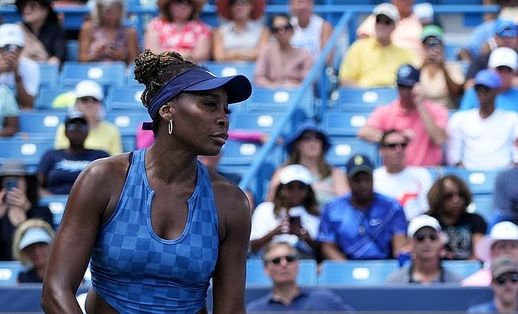 Venus Williams prepares the serve the ball against Karolina Pliskova on Center Court during the 2022 Western and Southern Open on Tuesday August 16. Pliskova won the match against Williams.