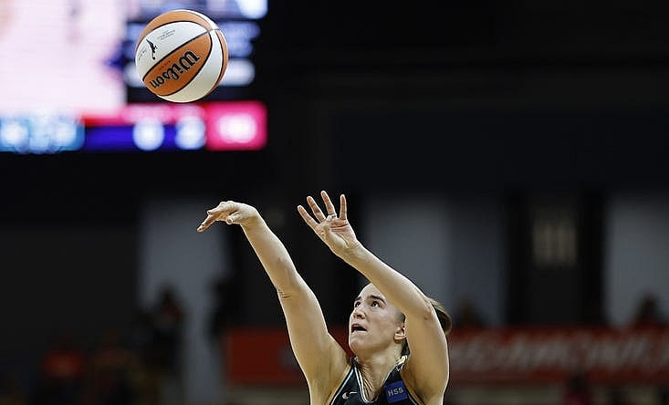 May 19, 2023; Washington, District of Columbia, USA; New York Liberty guard Sabrina Ionescu (20) shoots the ball against the Washington Mystics at Entertainment & Sports Arena. Mandatory Credit: Geoff Burke-USA TODAY Sports