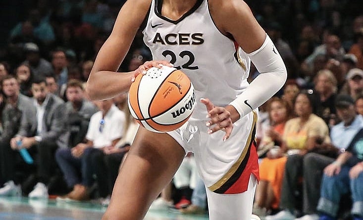 Aug 6, 2023; Brooklyn, New York, USA; Las Vegas Aces forward A'ja Wilson (22) drives to the basket in the third quarter against the New York Liberty at Barclays Center. Mandatory Credit: Wendell Cruz-USA TODAY Sports