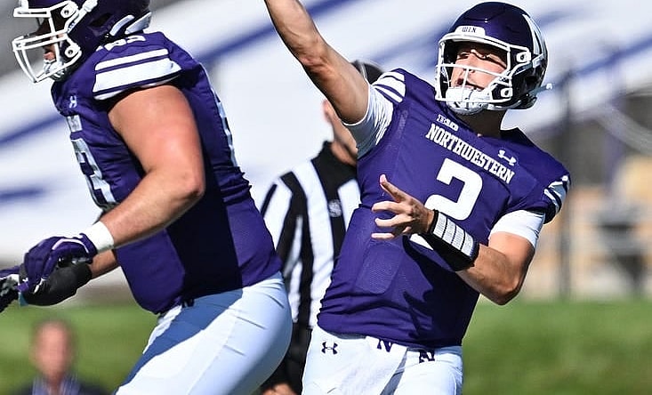 Sep 9, 2023; Evanston, Illinois, USA;  Northwestern Wildcats quarterback Ben Bryant (2) passes in the first half against the University of Texas El Paso Miners at Ryan Field. Mandatory Credit: Jamie Sabau-USA TODAY Sports