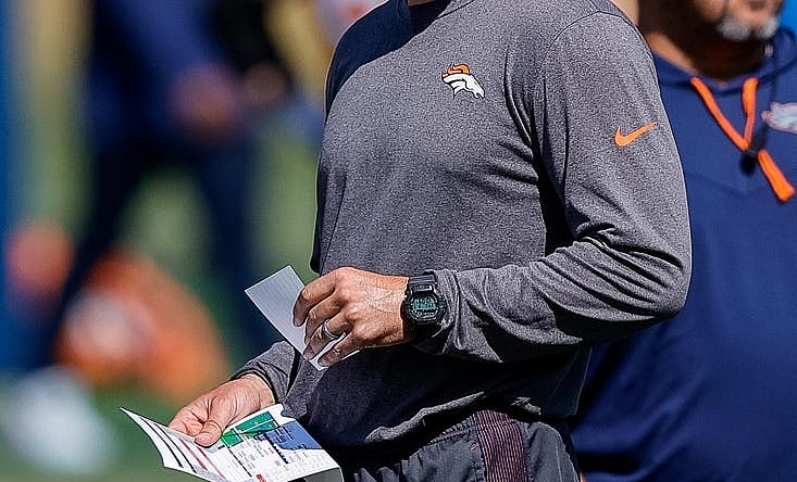 Aug 5, 2022; Englewood, CO, USA; Denver Broncos passing game coordinator/quarterbacks coach Klint Kubiak during training camp at the UCHealth Training Center. Mandatory Credit: Isaiah J. Downing-USA TODAY Sports