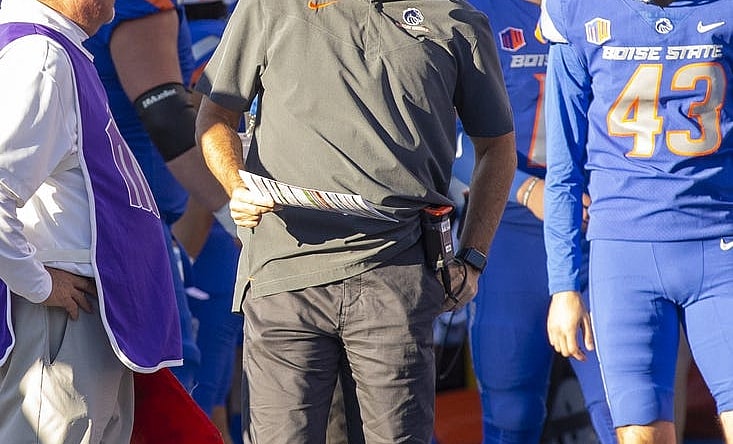 Sep 30, 2022; Boise, Idaho, USA; Former Boise State Broncos head coach and now new offensive coordinator Dirk Koetter on the sidelines during first half action at Albertsons Stadium against the San Diego State Aztecs. Boise State defeats San Diego State 35-13. Mandatory Credit: Brian Losness-USA TODAY Sports