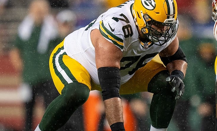 January 20, 2024; Santa Clara, CA, USA; Green Bay Packers guard Jon Runyan (76) during the first quarter in a 2024 NFC divisional round game against the San Francisco 49ers at Levi's Stadium. Mandatory Credit: Kyle Terada-USA TODAY Sports
