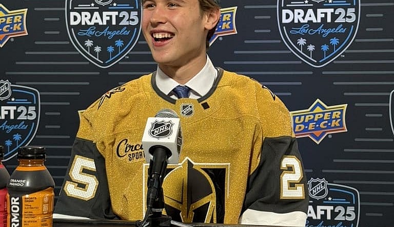 Vegas Golden Knights draft pick Jakob Ihs-Wozniak meets with the media 6/28/2025 (Photo/Screenshot- Vegas Golden Knights via Twitter)