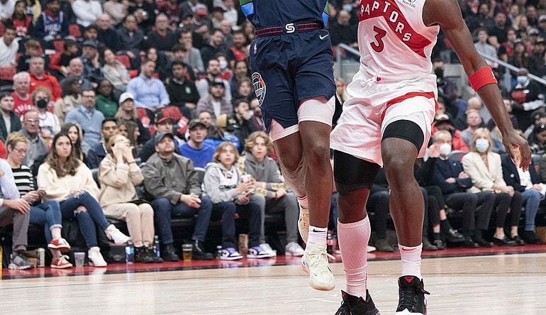 Apr 23, 2022; Toronto, Ontario, CAN; Philadelphia 76ers guard Tyrese Maxey (0) drives to the basket as Toronto Raptors forward OG Anunoby (3) tries to defend during the first quarter in game four of the first round for the 2022 NBA playoffs at Scotiabank Arena. Mandatory Credit: Nick Turchiaro-USA TODAY Sports
