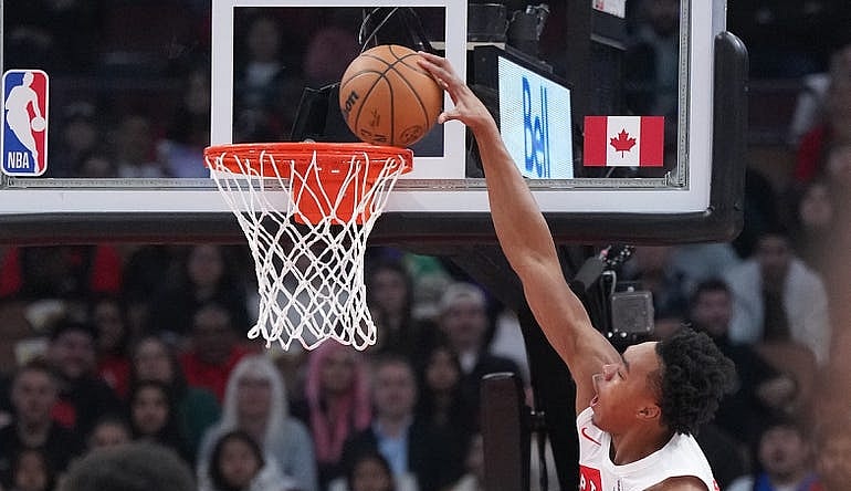 Oct 30, 2023; Toronto, Ontario, CAN; Toronto Raptors forward Scottie Barnes (4) scores a basket against the Portland Trail Blazers during the first quarter at Scotiabank Arena. Mandatory Credit: Nick Turchiaro-USA TODAY Sports