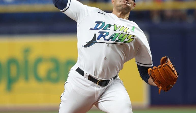 May 5, 2023; St. Petersburg, Florida, USA; Tampa Bay Rays relief pitcher Yonny Chirinos (72) throws a pitch during the first inning against the New York Yankees during the first inning at Tropicana Field. Mandatory Credit: Kim Klement-USA TODAY Sports