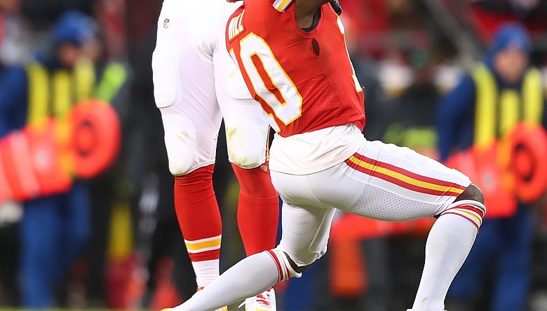 Jan 12, 2020; Kansas City, Missouri, USA; Kansas City Chiefs tight end Travis Kelce (87) celebrates with wide receiver Tyreek Hill (10) against the Houston Texans in the AFC Divisional Round playoff football game at Arrowhead Stadium. Mandatory Credit: Mark J. Rebilas-USA TODAY Sports
