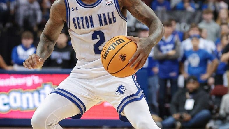 Nov 6, 2023; Newark, New Jersey, USA; Seton Hall Pirates guard Al-Amir Dawes (2) dribbles during the second half against the St. Peter's Peacocks at Prudential Center. Mandatory Credit: Vincent Carchietta-USA TODAY Sports