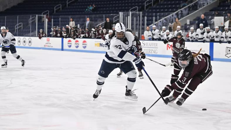 Penn State forward Katelyn Roberts drives to the net against Union College.