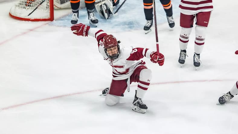 Colgate University forward Elyssa Biederman celebrates a goal.