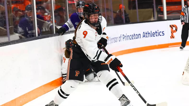 Princeton University forward Issy Wunder carries the puck.