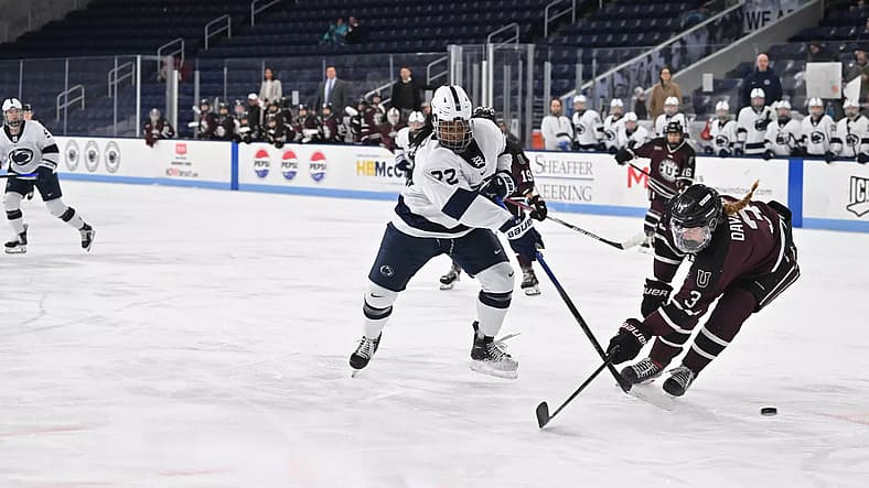 Penn State forward Katelyn Roberts drives to the net against Union College.