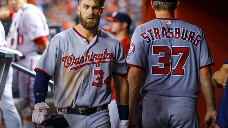 MLB, Aug 1, 2016; Phoenix, AZ, USA; Washington Nationals outfielder Bryce Harper (left) and pitcher Stephen Strasburg against the Arizona Diamondbacks at Chase Field. Mandatory Credit: Mark J. Rebilas-USA TODAY Sports