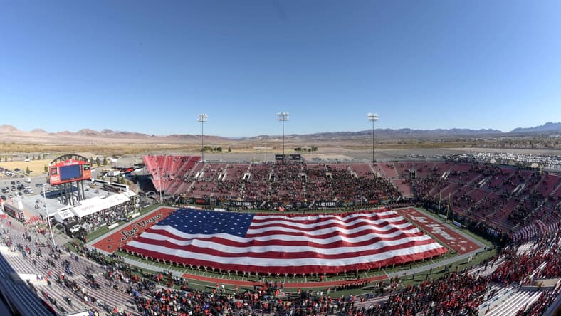 Dec 17, 2016; Las Vegas, NV, USA; A general view of a United States flag displayed at Sam Boyd Stadium during the national anthem prior to the 25th Las Vegas Bowl between the San Diego State Aztecs and the Houston Cougars. Mandatory Credit: Kirby Lee-USA TODAY Sports