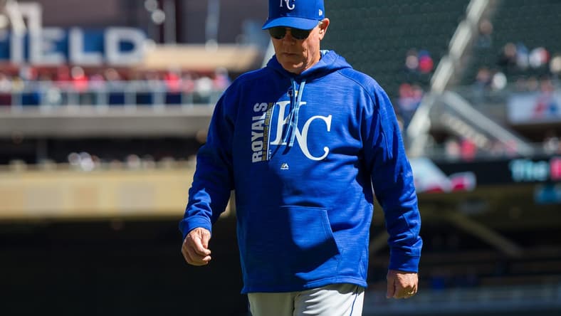 Apr 6, 2017; Minneapolis, MN, USA; Kansas City Royals manager Ned Yost walks back to the dugout in the sixth inning against the Minnesota Twins at Target Field. The Twins beat the Royals 5-3. Mandatory Credit: Brad Rempel-USA TODAY Sports