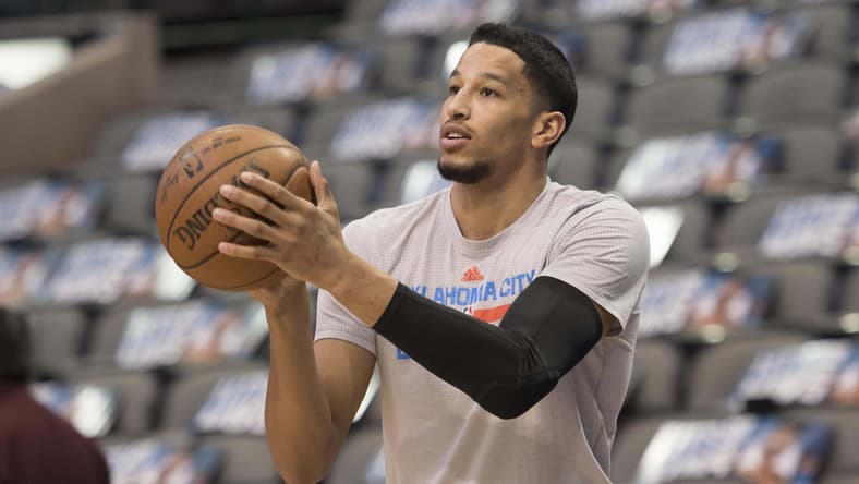 Mar 27, 2017; Dallas, TX, USA; Oklahoma City Thunder forward Andre Roberson (21) warms up prior to the game against the Dallas Mavericks at the American Airlines Center. Mandatory Credit: Jerome Miron-USA TODAY Sports