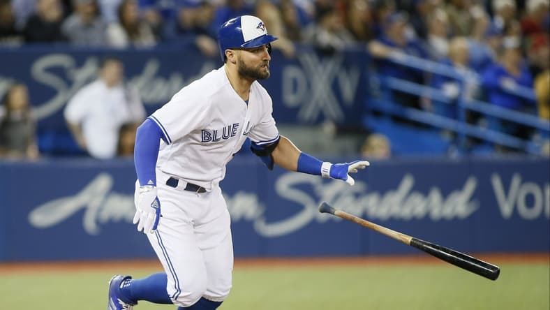 May 15, 2017; Toronto, Ontario, CAN; Toronto Blue Jays center fielder Kevin Pillar (11) singles against the Atlanta Braves during the fifth inning at Rogers Centre. Mandatory Credit: John E. Sokolowski-USA TODAY Sports