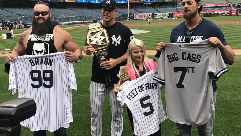 Aaron Judge receives championship belt from these WWE superstars.