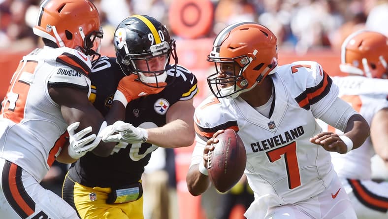 Cleveland Browns quarterback pursued by Pittsburgh Steelers linebacker T.J. Watt in NFL Week 1
