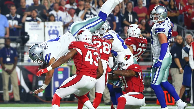 Dallas Cowboys quarterback Dak Prescott soars in for a touchdown on Monday Night Football