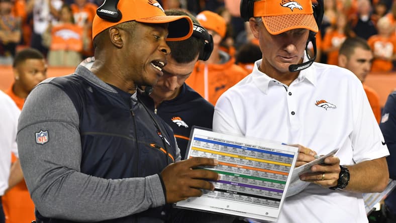Broncos head coach Vance Joseph with offensive coordinator Mike McCoy