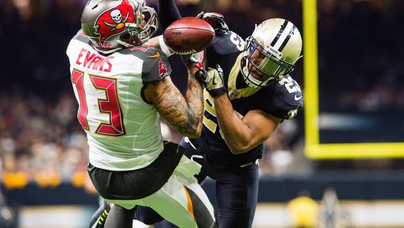 Tampa Bay Buccaneers receiver Mike Evans and New Orleans Saints cornerback Marshon Lattimore