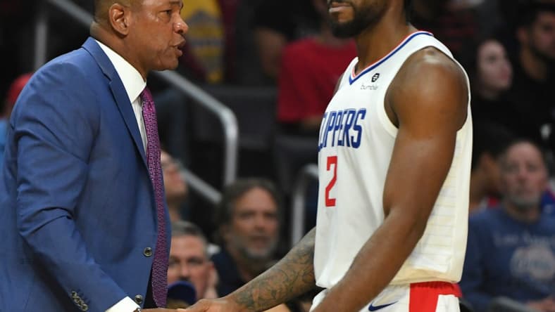 Clippers' Doc Rivers and Kawhi Leonard during game against the Hornets