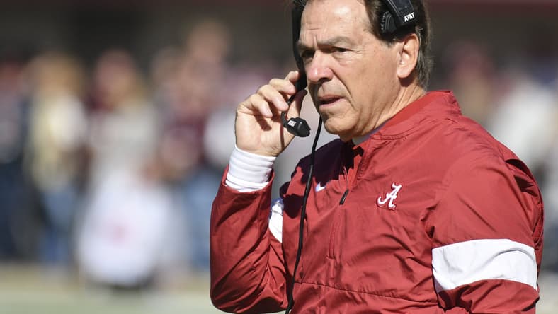 Alabama's Nick Saban coaching against Michigan State.