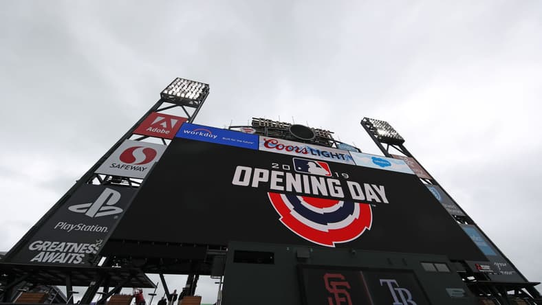 Scoreboard at Oracle Park on Opening Day