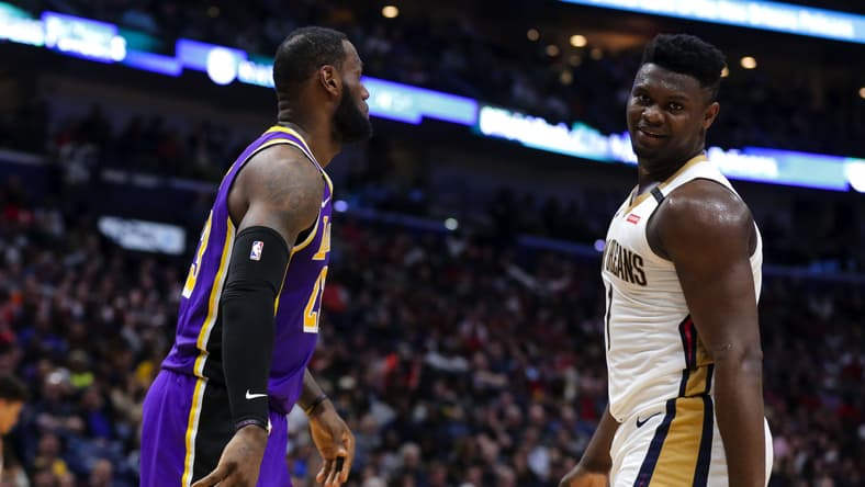 LeBron James talking to Zion Williamson